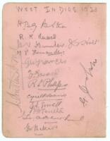 West Indies tour to England 1923. Rarer album page signed in pencil by sixteen members of the West Indies touring party. Signatures are Austin (Captain), Nunes, Hunter, Holt, Fernandes, Francis, Pascall, Phillips, Browne, Small, Tarilton, Dewhurst, Challe