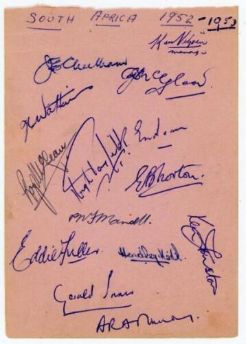 South Africa tour to Australia 1952/53. Album page signed by fourteen members of the South African touring party. Signatures are Cheetham (Captain), McGlew, Watkins, McLean, Tayfield, Endean, Norton, Mansell, Fuller, Keith, Funston, Innes, Murray and Vilj