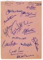 South Africa tour to Australia 1952/53. Album page signed by fourteen members of the South African touring party. Signatures are Cheetham (Captain), McGlew, Watkins, McLean, Tayfield, Endean, Norton, Mansell, Fuller, Keith, Funston, Innes, Murray and Vilj