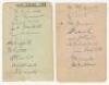 West Indies tour to England 1928. A pair of album pages fully signed in ink by the seventeen playing members of the West Indies touring party and the assistant manager, Seheult. Players’ signatures are Nunes (Captain), Fernandes, Rae, Small, Browne, Griff