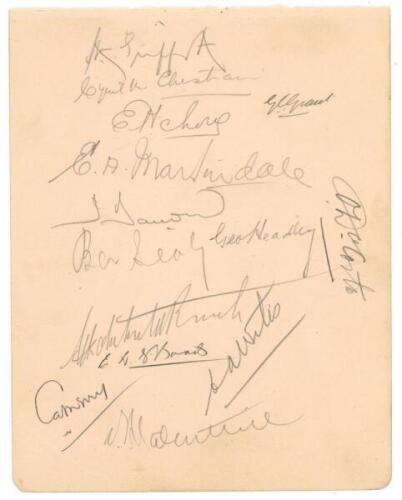 West Indies tour to England 1933. Large album page signed in pencil by fourteen members of the West Indies touring party. Signatures are Grant (Captain), Griffiths, Christiani, Achong, Martindale, Barrow, Sealy, Headley, Da Costa, Roach, Hoad, Wiles, Merr