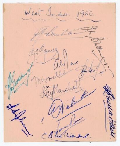 West Indies tour to England 1950. Album page nicely signed in different coloured inks by thirteen playing members of the West Indies touring party. Signatures are Goddard (Captain), Christiani, Stollmeyer, Gomez, Rae, Worrell, Trestrail, Marshall, Valenti