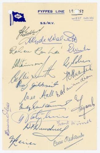 West Indies tour of England 1957. ‘Fyffes Line’ headed paper fully signed in ink by all nineteen members of the touring party to England. Players’ signatures are Goddard (Captain), Walcott, Kanhai, Weekes, Atkinson, Sobers, Smith, Alexander, Gilchrist, Ha