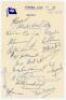 West Indies tour of England 1957. ‘Fyffes Line’ headed paper fully signed in ink by all nineteen members of the touring party to England. Players’ signatures are Goddard (Captain), Walcott, Kanhai, Weekes, Atkinson, Sobers, Smith, Alexander, Gilchrist, Ha