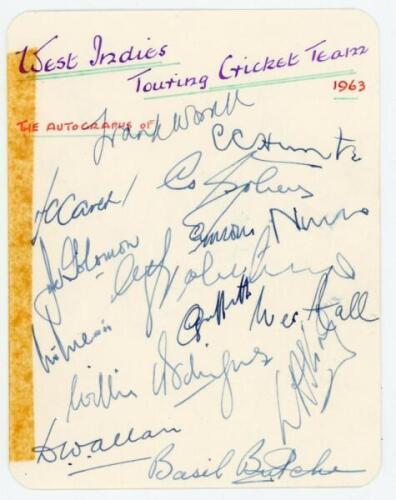 West Indies tour of England 1963. Album page/ card nicely and fully signed in ink to both sides by all twenty members of the touring party. Players’ signatures are Worrell (Captain), Hunte, Carew, Sobers, Solomon, Nurse, Valentine, McMorris, Griffiths, Ha