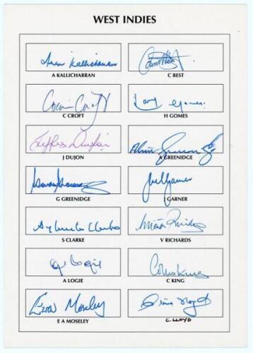 West Indies. B.S.I. World Masters [Veterans] Cricket Cup, India 1995. Official pre-printed autograph card for the West Indies team who took part in the competition held at the Brabourne Stadium, Bombay, 3rd- 12th March 1995. Fourteen signatures of Kallich