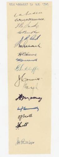 New Zealand tour to England 1949. Paper strip nicely and fully signed in ink by the sixteen members of the touring party. Signatures are Hadlee (Captain), Wallace, Smith, Burke, Reid, Rabone, Cave, Cresswell, Sutcliffe, Cowie, Hayes, Mooney, Donnelly, Sco