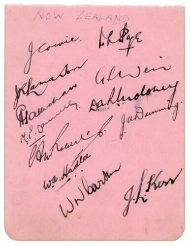 New Zealand tour to England 1937. Large album page very nicely signed in ink by twelve members of the New Zealand touring party. Signatures are Page (Captain), Cowie, Lamason, Weir, Gallichan, Donnelly, Moloney, Dunning, Roberts, Hadlee, Carson and Kerr. 