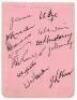 New Zealand tour to England 1937. Large album page very nicely signed in ink by twelve members of the New Zealand touring party. Signatures are Page (Captain), Cowie, Lamason, Weir, Gallichan, Donnelly, Moloney, Dunning, Roberts, Hadlee, Carson and Kerr. 