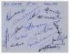 ‘New Zealand 2nd Test March 1953’. Album page nicely signed in ink by fifteen New Zealand players for the Test match against South Africa at Eden Park, Auckland, March 1953. Signatures are Sutcliffe (Captain), Wallace, Miller, Reid, Chapple, MacGibbon, Po