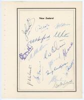 New Zealand 1958. Page with printed title and border, very nicely signed in ink by eighteen members of the 1958 New Zealand touring party to England. Signatures include Reid (Captain), Meale, Cave, Harford, Petrie, Miller, Moir, Blair, Sutcliffe, Ward, Al