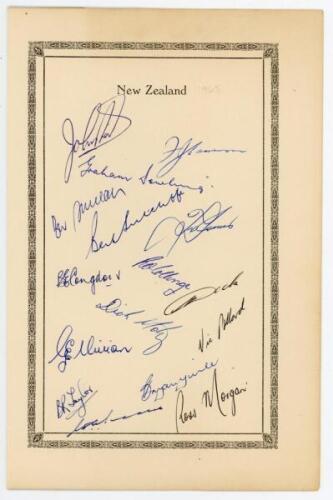 New Zealand 1965. Autograph card fully signed in ink by all sixteen members of the New Zealand touring team to England. Signatures include Reid (Captain), Cameron, Dowling, Sutcliffe, Congdon, Dick, Motz, Pollard, Vivian, Taylor, Yuile, Morgan etc. Printe