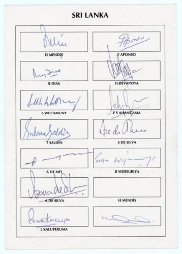 Sri Lanka. B.S.I. World Masters [Veterans] Cricket Cup, India 1995. Official pre-printed autograph card for the Sri Lanka team who took part in the competition held at the Brabourne Stadium, Bombay, 3rd- 12th March 1995. Thirteen signatures of D. Mendis, 