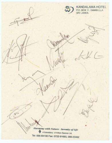 Sri Lanka v England 2001. Kandalama Hotel, Dambulla letterhead nicely signed in ink by eleven members of the Sri Lanka team plus physio. Players’ signatures are Dilshan, Sangakkara, Jayasuriya, Arnold, Muralitharan, Vaas, Zoysa, Dharmasena, de Silva, Jaya