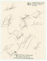 Sri Lanka v England 2001. Kandalama Hotel, Dambulla letterhead nicely signed in ink by eleven members of the Sri Lanka team plus physio. Players’ signatures are Dilshan, Sangakkara, Jayasuriya, Arnold, Muralitharan, Vaas, Zoysa, Dharmasena, de Silva, Jaya