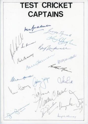 ‘Test Cricket Captains’. Large page signed in ink by twenty one Australia, West Indies, New Zealand and India Test captains. Signatures are Bradman, Hassett, Hughes, Lindwall, Johnson, Harvey, Jarman, G. Chappell, Morris, Border, Craig, Yallop, Brown (Aus