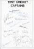 ‘Test Cricket Captains’. Large page signed in ink by twenty one Australia, West Indies, New Zealand and India Test captains. Signatures are Bradman, Hassett, Hughes, Lindwall, Johnson, Harvey, Jarman, G. Chappell, Morris, Border, Craig, Yallop, Brown (Aus