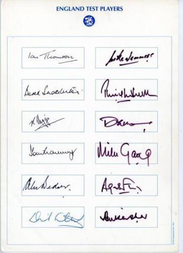 ‘England Test Players’. 1950s onwards. Four autograph cards each with printed title. Fifty two signatures in total including Shackleton, Higgs, Graveney, Bedser, Steele, Denness, Birkenshaw, Fraser, Ilott, Stehpenson, Such, Gooch, Crawley, Gatting, Fairbr