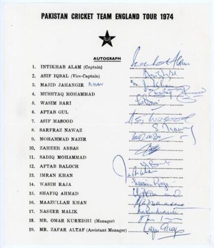 Pakistan tour to England 1974. Official autograph sheet with printed title and players&rsquo; names, signed in ink by seventeen of the listed members of the touring party. Signatures are Intikhab Alam (Captain), Asif Iqbal, Majid Khan, Mushtaq Mohammad, Wasim B