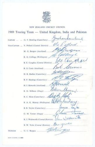 New Zealand tour to England, India and Pakistan 1969. Official New Zealand Cricket Council autograph sheet signed by all seventeen members of the touring party. Signatures include Dowling (Captain), Pollard, Burgess, Collinge, Congdon, D. Hadlee, Howarth,