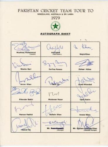 Pakistan tour to New Zealand, Australia & Sri Lanka 1979. Official autograph sheet fully signed by the eighteen members of the Pakistan touring party. Signatures are Mushtaq Mohammad (Captain), Asif Iqbal, Majid Khan, Wasim Bari, Sarfraz Nawaz, Zaheer Abb