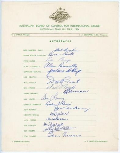 Australian tours of England 1964 & 1968. Two official autograph sheets. The 1964 signed by sixteen members of the party including Simpson (Captain), Booth, Burge, Connolly, Corling, Grout, Hawke, Jarman, Lawry, McKenzie, Martin, O’Neill, Potter, Repath, S