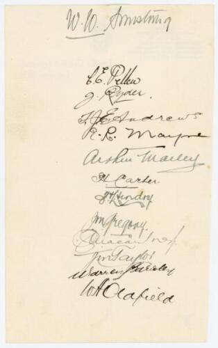 Australia tour to England 1921. Page very nicely signed in black ink to the reverse of M.C.C. letterhead, by thirteen members of the Australia touring party. Signatures are Armstrong (Captain), Pellew, Ryder, Andrews, Mayne, Mailey, Carter, Hendry, Gregor