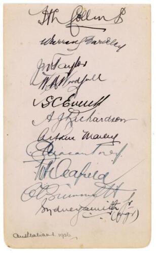 Australia tour to England 1926. Album page very nicely signed in black ink by eleven members of the Australia touring party. Ten players’ signatures of Collins (Captain), Bardsley, Taylor, Woodfull, Everett, Richardson, Mailey, Macartney, Oldfield, Grimme