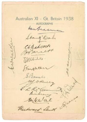 Australian tour of England 1938. ‘Australian XI - Gt. Britain 1938’. Official autograph sheet very nicely signed in ink by sixteen members of the touring party. Signatures are Bradman (Captain), McCabe, Badcock, Barnett, White, Fingleton, Barnes, O’Reilly