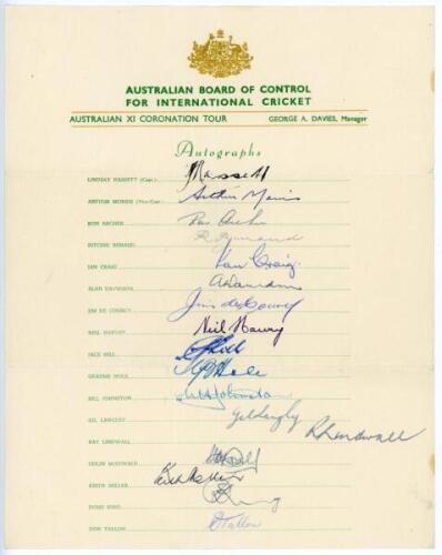 Australian tour of England 1953. &lsquo;Australian XI Coronation Tour&rsquo;. Official autograph sheet nicely signed in ink by all seventeen members of the touring party. Signatures are Hassett (Captain), Morris, Archer, Benaud, Craig, Davidson, de Courcy, Harvey, Hi