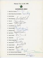 Pakistan tour to England 1978. Official autograph sheet signed by eighteen members of the touring party. Signatures include Wasim Bari (captain), Wasim Raja, Sadiq Mohammad, Javed Miandad, Sikandar Bakht, Mudassar Nazar, Abdul Qadir, Arshad Pervez etc. La