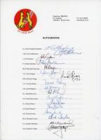 Australian ‘Rebel’ tour of South Africa 1986/87. Official autograph sheet fully signed in ink by all seventeen members of the touring party. Signatures are Hughes (Captain), Alderman, Dyson, Faulkner, Haysman, Hogan, Hogg, Hohns, Maguire, McCurdy, Rackema