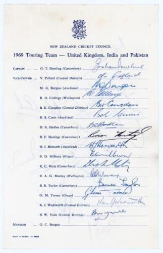 New Zealand tour to England, India and Pakistan 1969. Official New Zealand Cricket Council autograph sheet signed by all sixteen playing members of the touring party. Signatures include Dowling (Captain), Pollard, Burgess, Collinge, Congdon, D. Hadlee, Ho