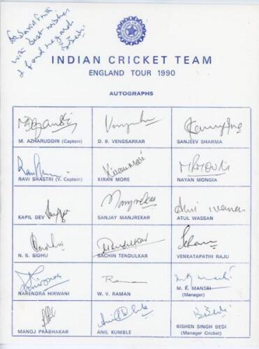 India tours to England and South Africa 1990-1996. Two official autograph sheets for tours to England 1990 and 1996 with printed title and players’ names, both fully signed in ink by all listed members of the touring party. The 1990 sheet with eighteen si