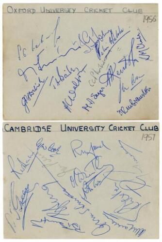Oxford and Cambridge Universities 1956 & 1957. Two album pages, one signed in ink by thirteen members of the 1956 Oxford University team, the other by thirteen (one in pencil) of the 1957 Cambridge University team. Signatures of notable Oxford players inc
