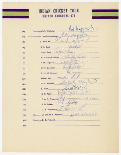 India tours to England and Australia 1974 & 1986. Two official autograph sheets for tours to England with printed title and players’ names, both fully signed in ink by all listed playing members of the touring party. The 1974 sheet with seventeen signatur