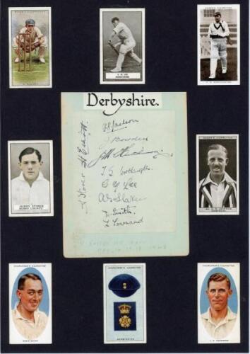 Derbyshire C.C.C. 1928. Two album pages, both very nicely signed in black ink by members of the 1928 Derbyshire team. One page is loose, signed by eleven players, Jackson (Captain), D. Hill-Wood, C. Hill-Wood, Elliott, Slater, Mitchell, Townsend, Worthing