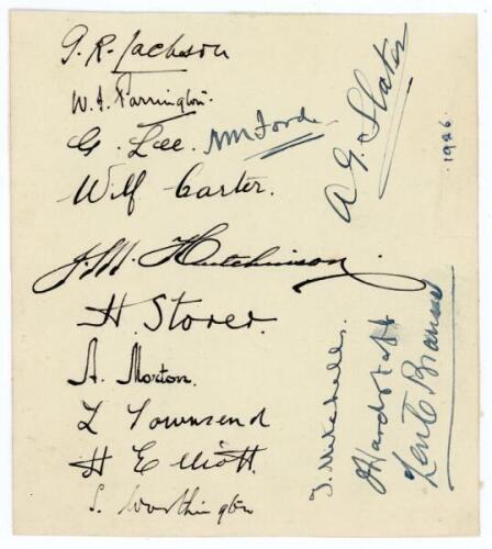 Derbyshire C.C.C. 1926. Album page very nicely signed in black ink by thirteen members of the 1926 Derbyshire team and two others. Derbyshire signatures are Jackson (Captain), Lee, Ford, Carter, Slater, Hutchinson, Storer, Morton, Townsend, Elliott, Worth