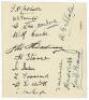 Derbyshire C.C.C. 1926. Album page very nicely signed in black ink by thirteen members of the 1926 Derbyshire team and two others. Derbyshire signatures are Jackson (Captain), Lee, Ford, Carter, Slater, Hutchinson, Storer, Morton, Townsend, Elliott, Worth