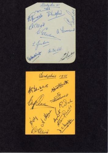 Derbyshire C.C.C. 1947-1967. Three albums pages signed by Derbshire players. Two pages laid to black page, one signed in ink by eleven players c.1947, the other by eleven members of the 1951 team. The other loose page signed by eleven members of the 1955