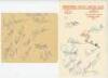 Derbyshire C.C.C. 1947-1967. Three albums pages signed by Derbshire players. Two pages laid to black page, one signed in ink by eleven players c.1947, the other by eleven members of the 1951 team. The other loose page signed by eleven members of the 1955 - 2