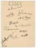 Essex C.C.C. 1931. Album page very nicely signed in black ink by eleven members of the Essex team. Signatures are Pearce (Captain), Pope, Eastman, Daer, Sheffield, Nichols, O&rsquo;Connor, Hipkin, Cutmore, Smith and Wade. Dated 10th June 1931 which corresponds 