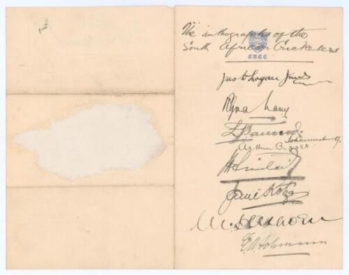 South Africa tour to England 1901. Two pages comprising excellent ink signatures of all seventeen members of the South African touring party. One page is a Cambridge University C.C. letterhead nicely signed in ink to both sides by sixteen members of the t