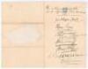 South Africa tour to England 1901. Two pages comprising excellent ink signatures of all seventeen members of the South African touring party. One page is a Cambridge University C.C. letterhead nicely signed in ink to both sides by sixteen members of the t