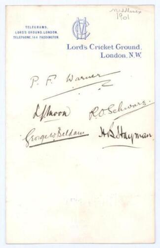 Middlesex C.C.C. 1901. M.C.C. Lord&rsquo;s headed paper beautifully signed in black ink by five Middlesex players. Signatures are P.F. Warner, L.J. Moon, R.O. Schwarz, G.W. Beldam and H.B. Hayman. Light folds, adhesive mark to verso, otherwise in very good cond