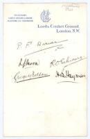 Middlesex C.C.C. 1901. M.C.C. Lord’s headed paper beautifully signed in black ink by five Middlesex players. Signatures are P.F. Warner, L.J. Moon, R.O. Schwarz, G.W. Beldam and H.B. Hayman. Light folds, adhesive mark to verso, otherwise in very good cond