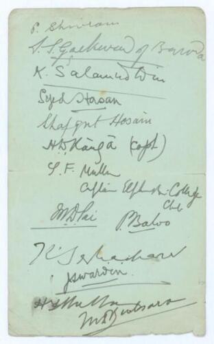 All India tour of England 1911 (1st Indian tour). ‘Indian Cricket Team 1911’. Album page signed in ink by thirteen members of the first Indian team to tour England. Signatures are P. Shivram, Gaekwad of Baroda, K. Salamuddin, Syed Hasan, Shafqat Hussain, 