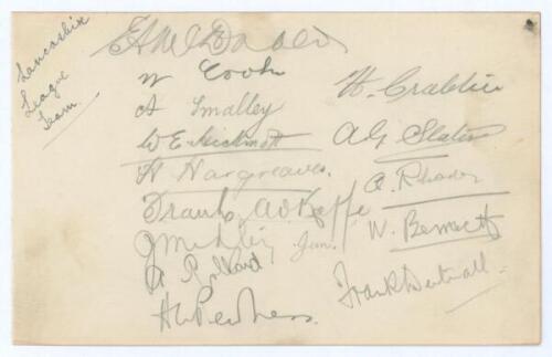 &lsquo;Lancashire League Team&rsquo; early 1920s. Album page signed in pencil by fourteen Lancashire league cricketers of the period. Includes four signatures of players who represented Lancashire at County level, E.A. &lsquo;Ted&rsquo; McDonald (Lancashire & England 1924-1931),