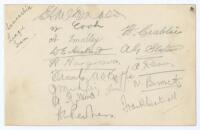 ‘Lancashire League Team’ early 1920s. Album page signed in pencil by fourteen Lancashire league cricketers of the period. Includes four signatures of players who represented Lancashire at County level, E.A. ‘Ted’ McDonald (Lancashire & England 1924-1931),