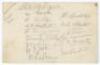 &lsquo;Lancashire League Team&rsquo; early 1920s. Album page signed in pencil by fourteen Lancashire league cricketers of the period. Includes four signatures of players who represented Lancashire at County level, E.A. &lsquo;Ted&rsquo; McDonald (Lancashire & England 1924-1931),